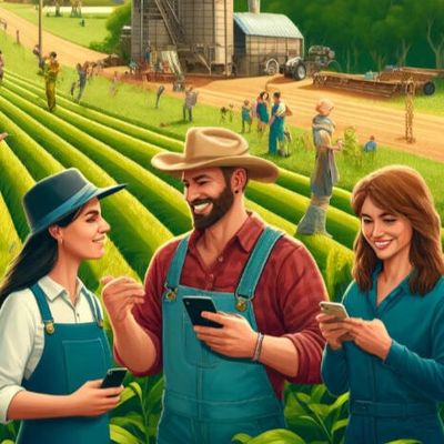 Farmers chatting on their phones in a field