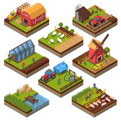 Illustrated farms connected across a landscape
