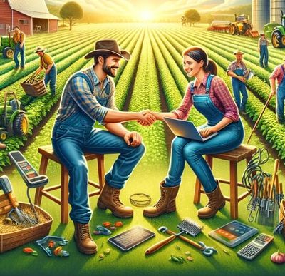 Two people shaking hands in a crop field